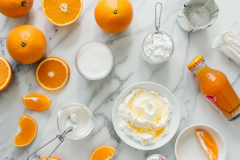 Orange Crush Sherbet recipe ingredients laid out including soda, condensed milk, and cream
