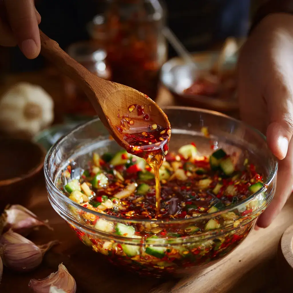 Mixing chili oil dressing for spicy cucumber sesame salad recipe in glass bowl