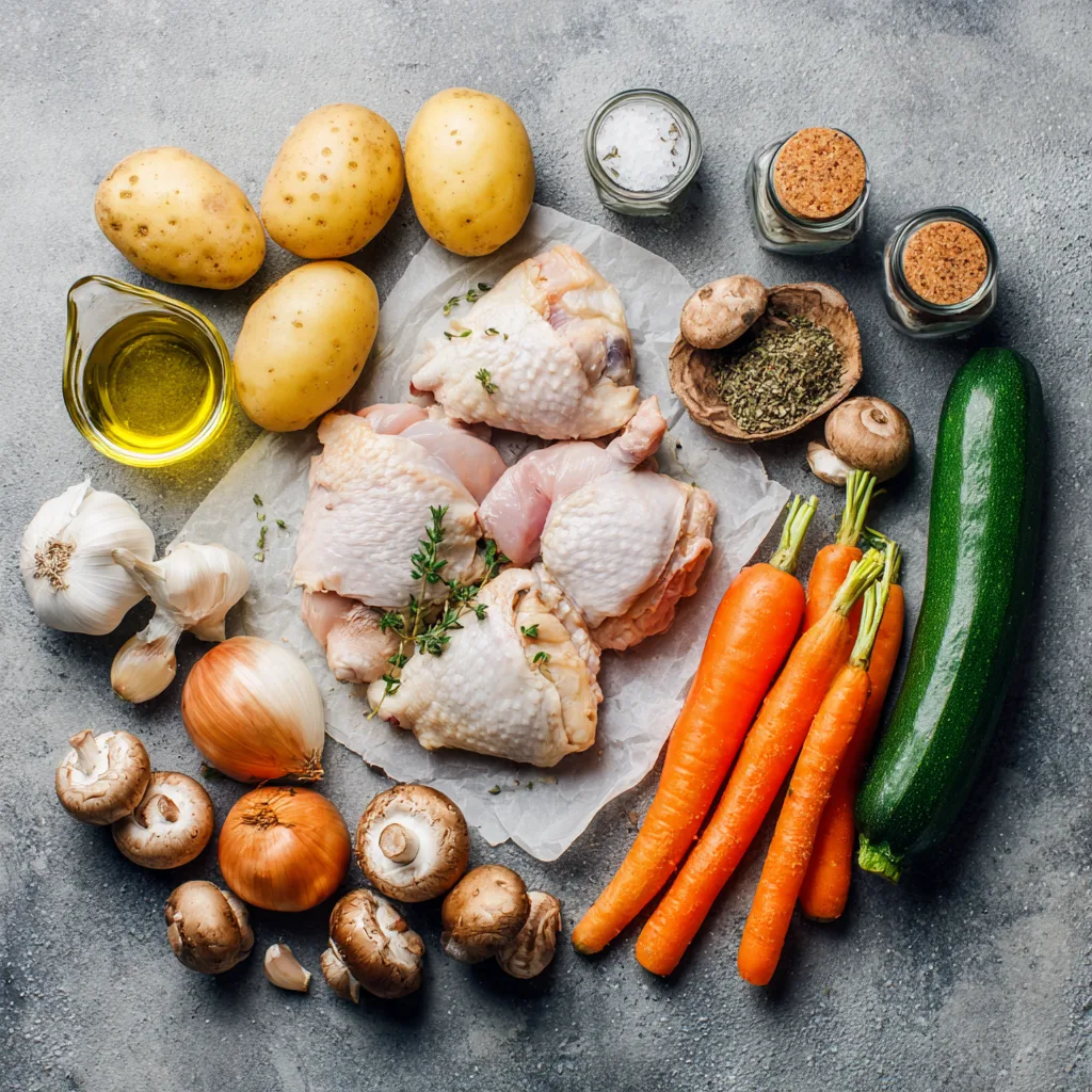 One-pan baked chicken recipe ingredients including chicken thighs, potatoes, and fresh vegetables
