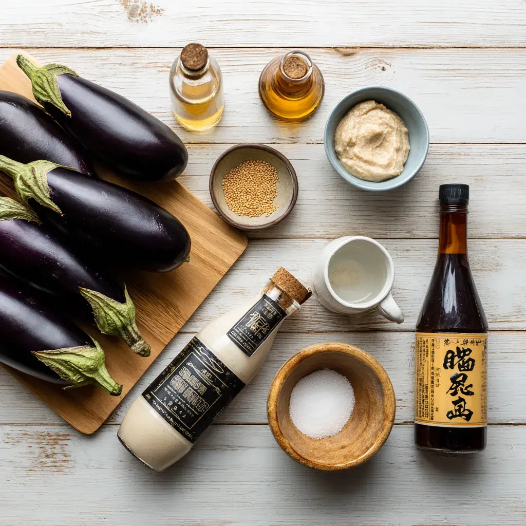 Miso glazed eggplant ingredients including Japanese eggplants, white miso, sake, and mirin arranged on cutting board