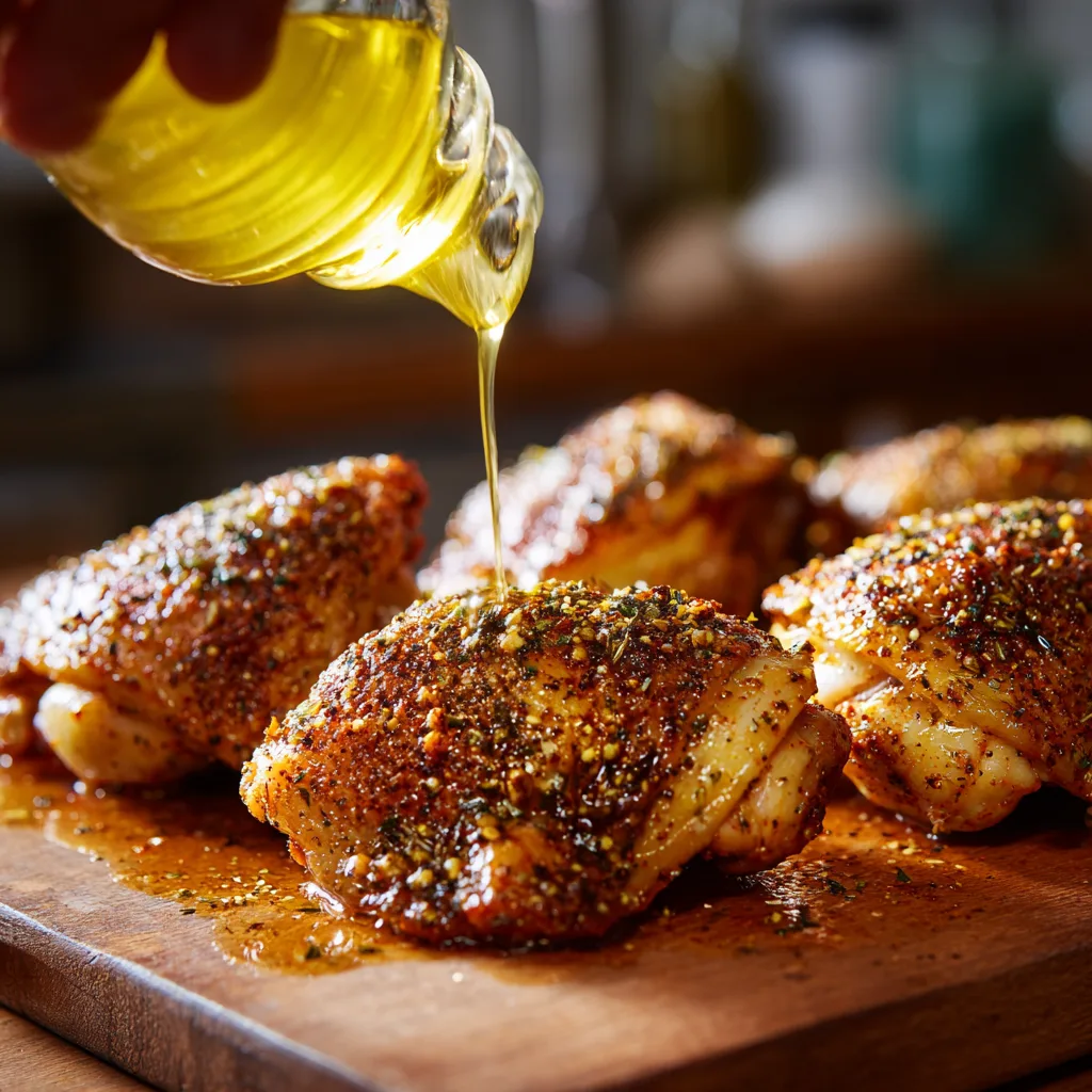 Seasoning chicken thighs with paprika spice blend for one-pan baked chicken recipe