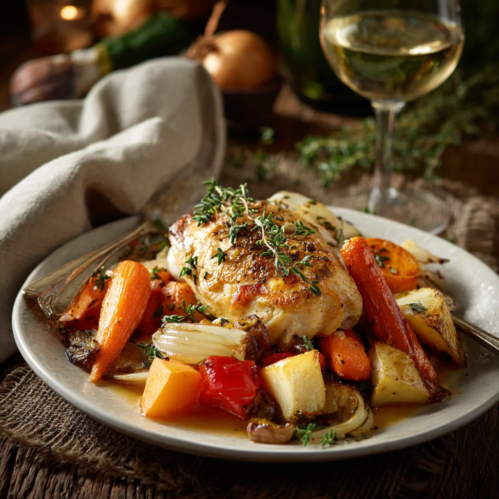 Plated one-pan baked chicken with roasted potatoes and vegetables ready to serve