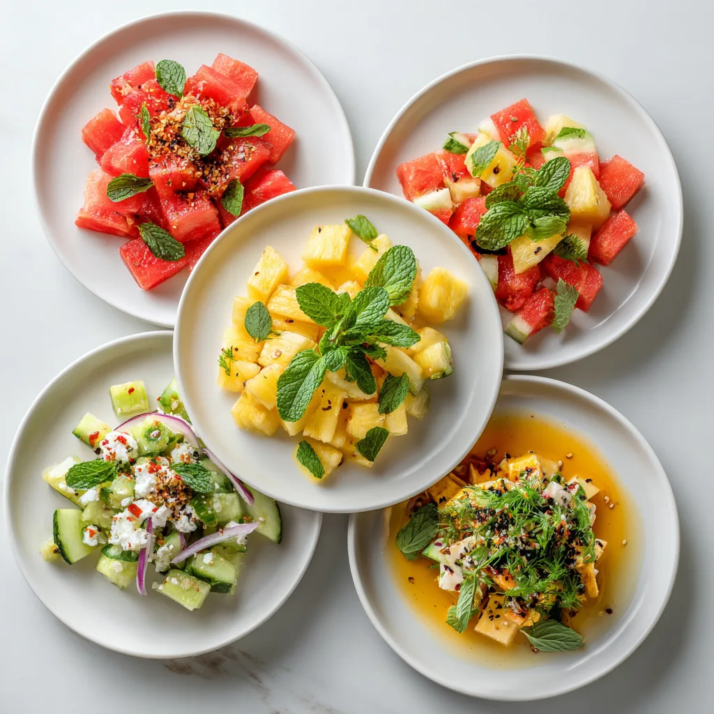 Five different pineapple and watermelon salad variations showing flavor options