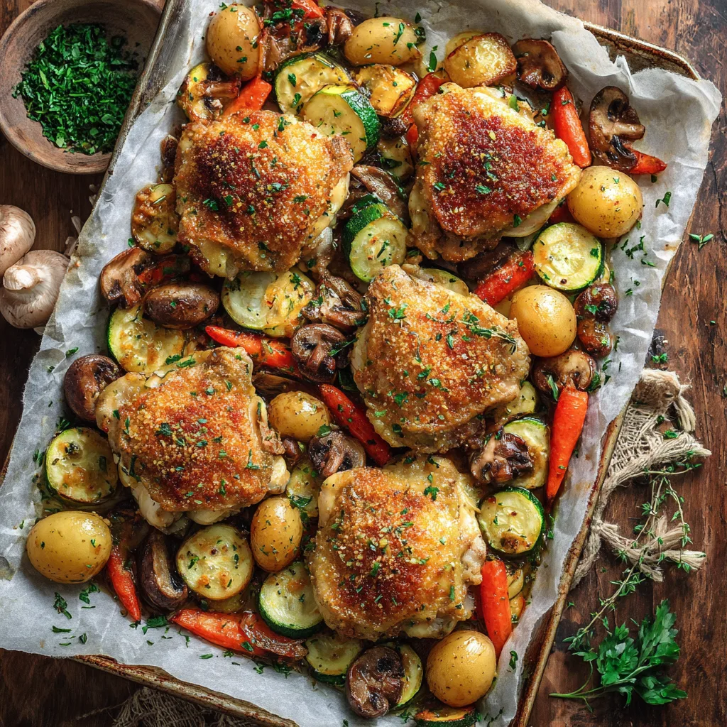 One-pan baked chicken with potatoes and vegetables on parchment-lined baking sheet