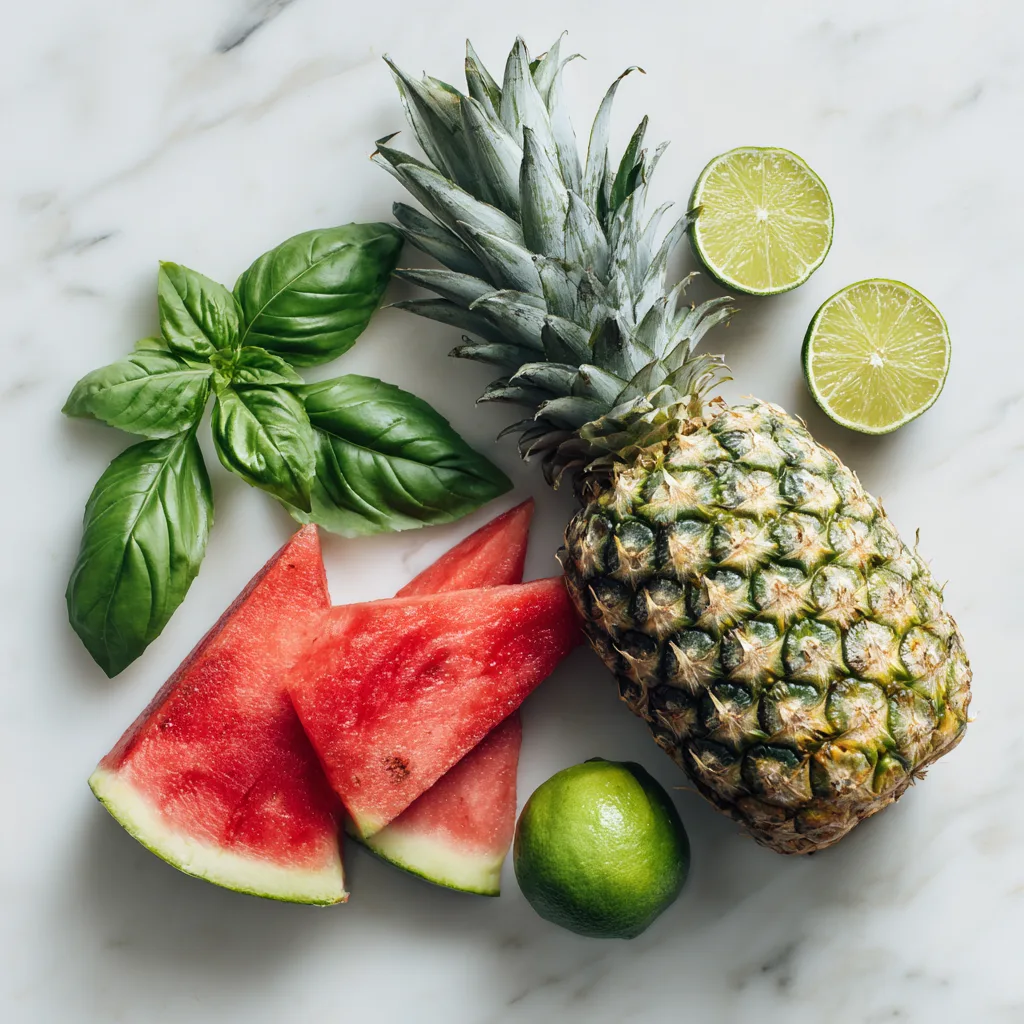 Fresh pineapple watermelon salad ingredients including whole fruits basil and lime