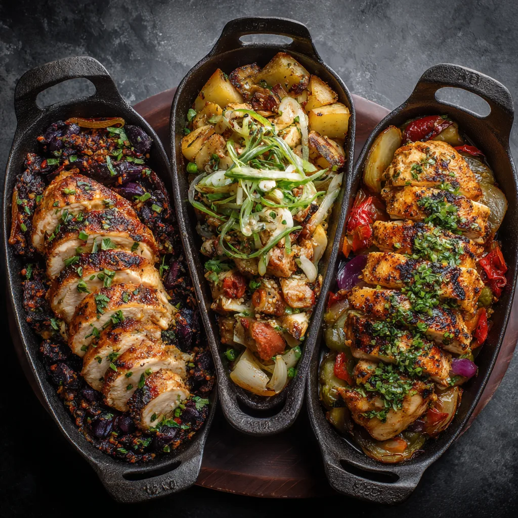 Three flavor variations of one-pan baked chicken recipe showing Mediterranean, Asian and Mexican styles