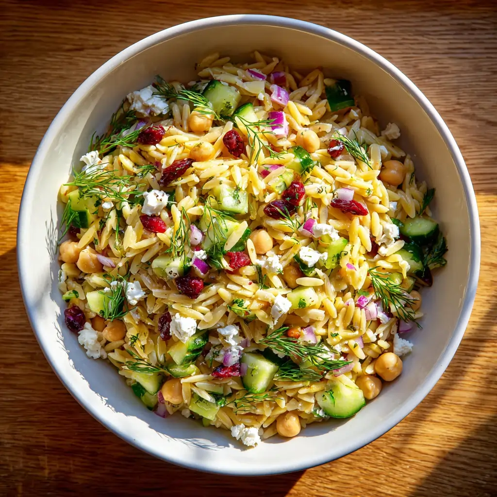 Text: Dill orzo with chickpeas and crumbled feta Mediterranean salad recipe bowl