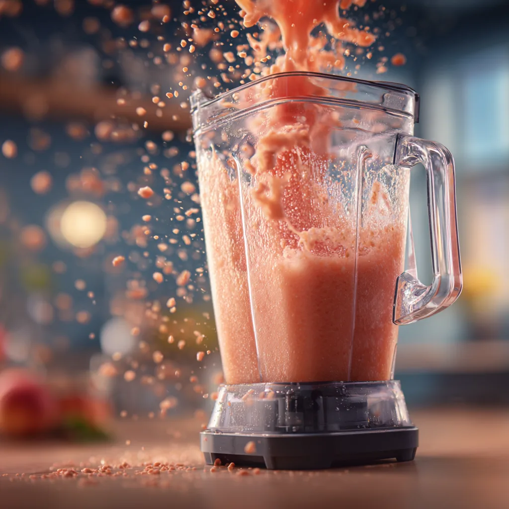 Blending peach lemonade slush mixture in high-speed blender