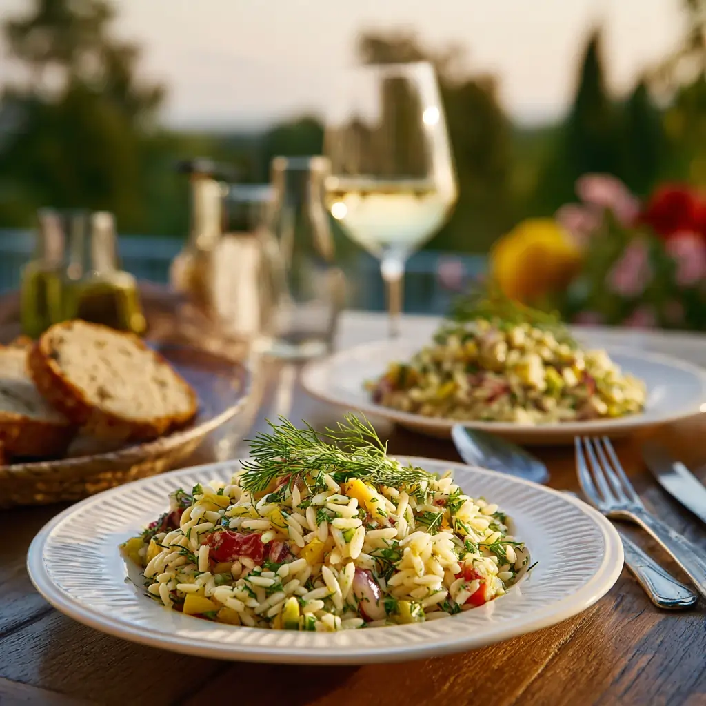 Beautifully served dill orzo with chickpeas and crumbled feta Mediterranean meal