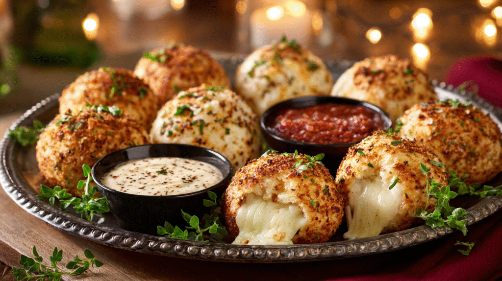 Pillsbury biscuit garlic butter cheese bombs served with dipping sauces as party appetizers