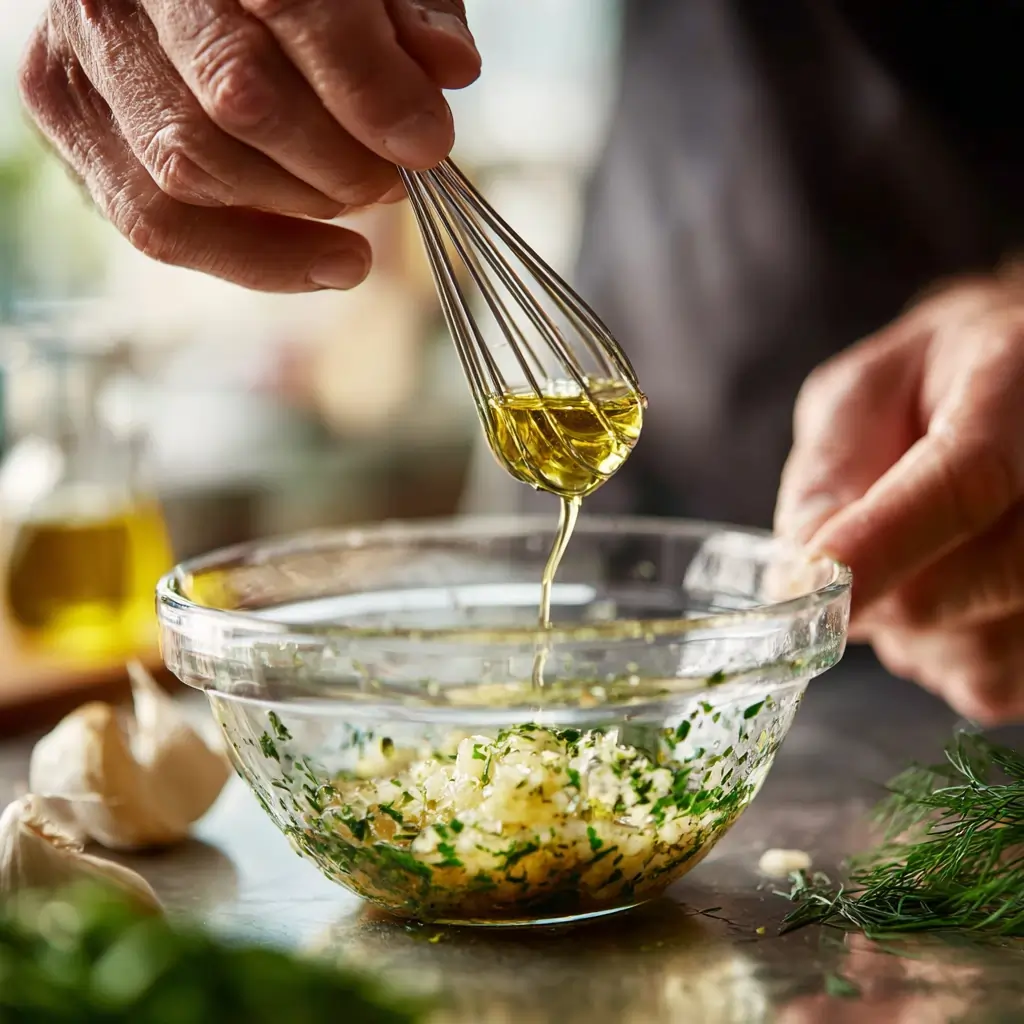 Making dressing for dill orzo with chickpeas and crumbled feta recipe