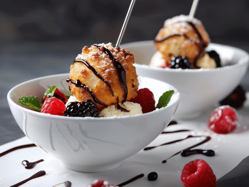 Deep fried marshmallows served with vanilla ice cream, berries, and chocolate sauce