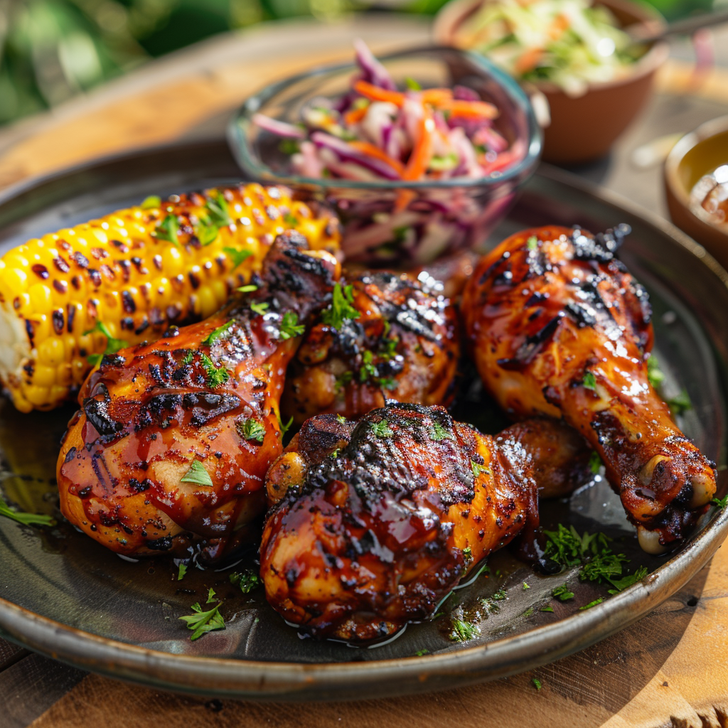Grilled BBQ chicken drumsticks served with corn and coleslaw on ceramic plate