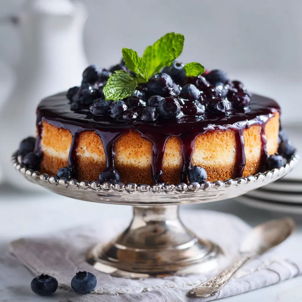 Complete blueberry cheesecake with perfect golden crust and glossy blueberry topping