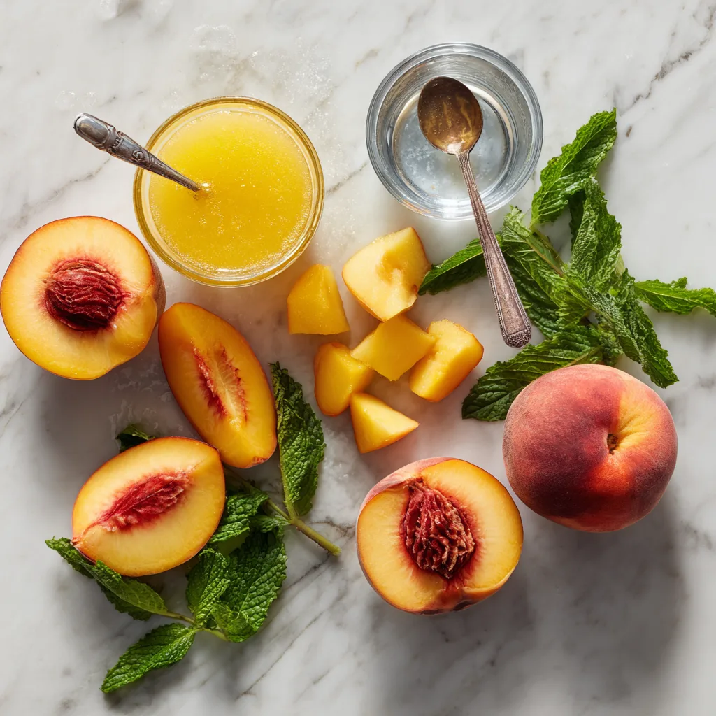 Peach lemonade slush ingredients including fresh peaches, lemonade concentrate, and water