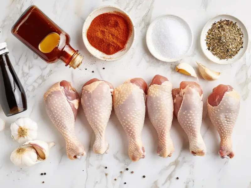 Grilled BBQ chicken drumsticks recipe ingredients arranged on marble surface