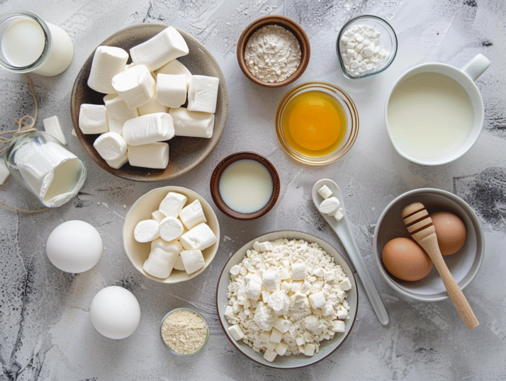 Deep fried marshmallows recipe ingredients including large marshmallows, flour, eggs, and milk