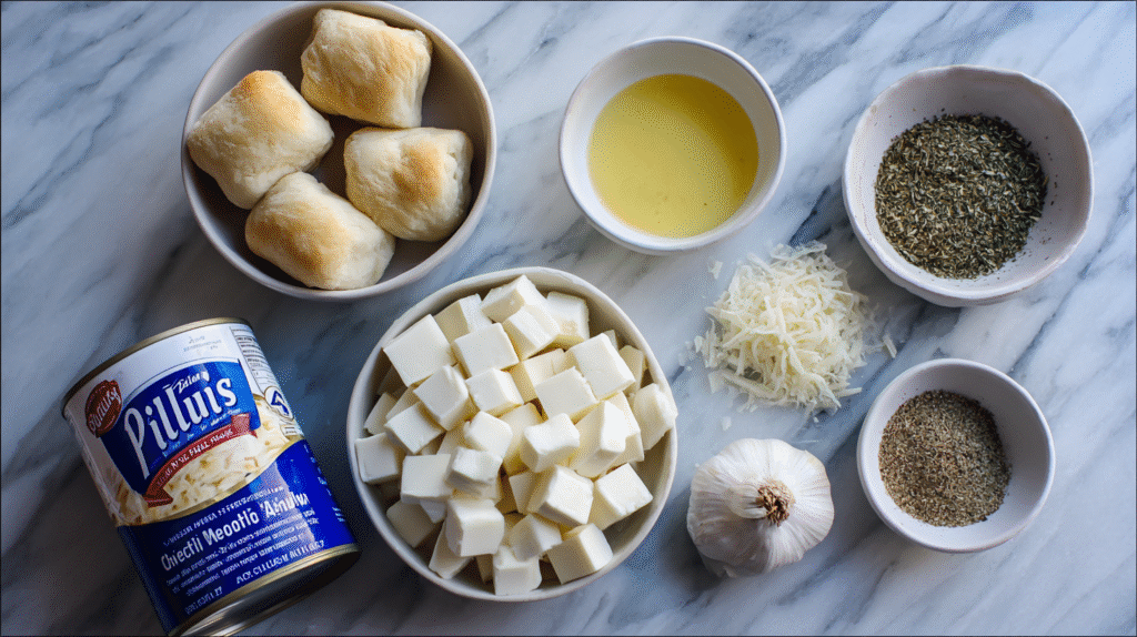 Complete ingredients for Pillsbury biscuit garlic butter cheese bombs recipe laid out
