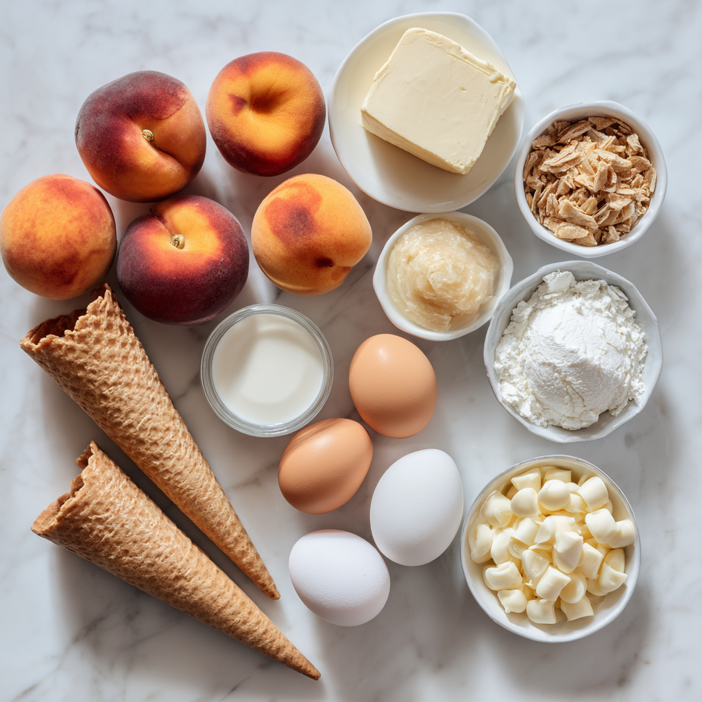 All ingredients needed for peach cobbler cheesecake cones recipe laid out on marble surface