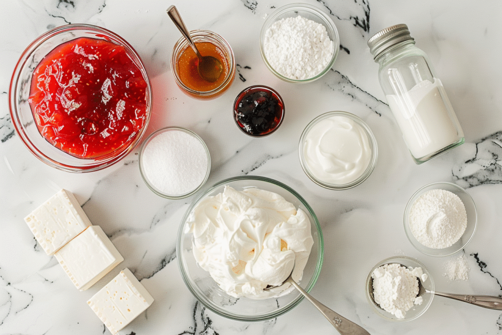 Strawberry cheesecake dip ingredients laid out including cream cheese, heavy cream, and strawberry preserves
