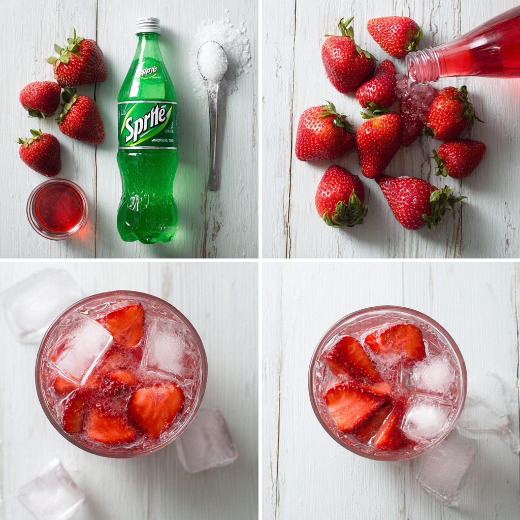 Strawberry dirty sprite ingredients laid out including fresh strawberries and sprite soda