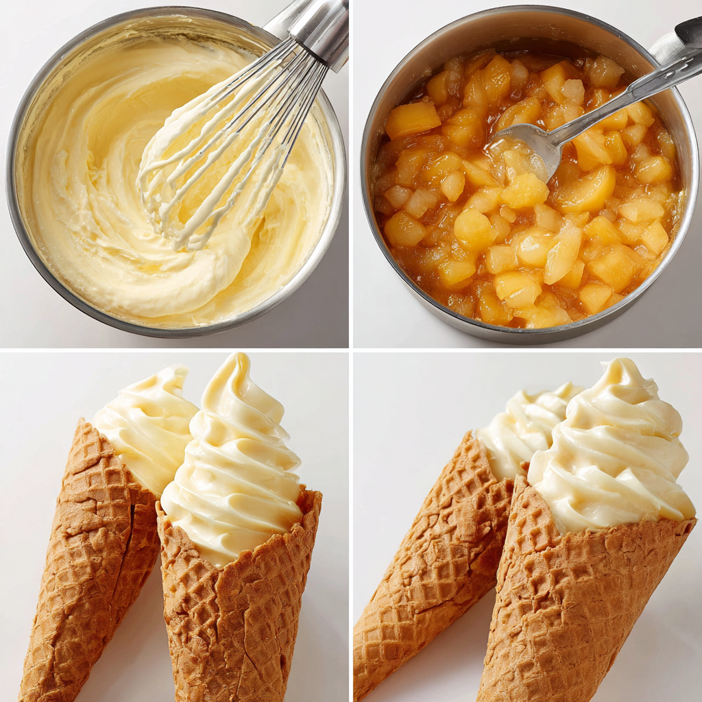 Step by step process for making peach cobbler cheesecake cones showing mixing and assembly