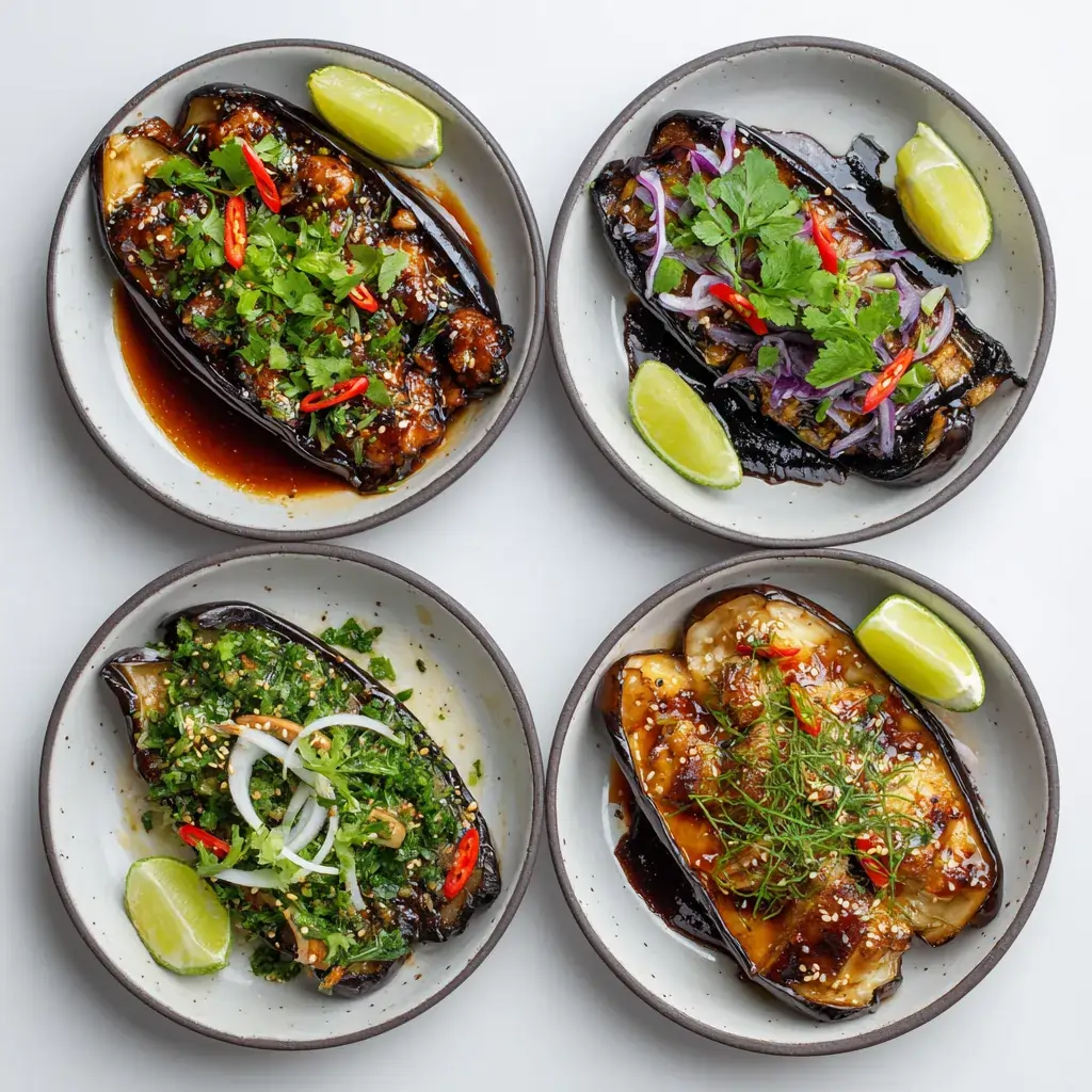 Four miso glazed eggplant recipe variations showing Korean, Mediterranean, and Thai fusion style