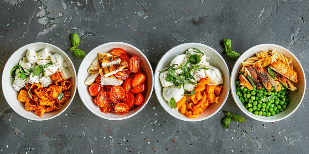Four different burrata pasta recipe variations in bowls showing seasonal ingredients