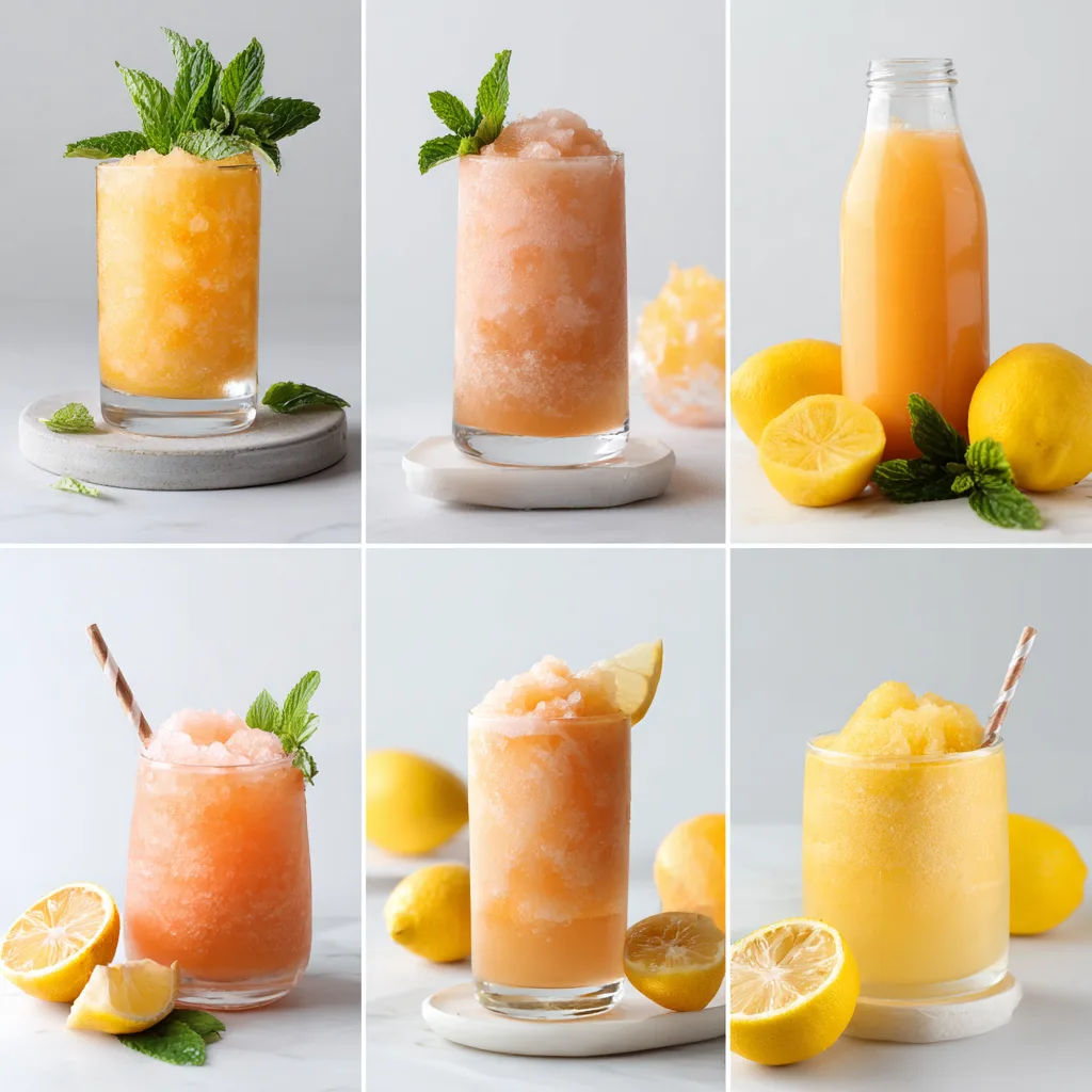 Different peach lemonade slush recipe variations including classic, spiked, and tropical versions