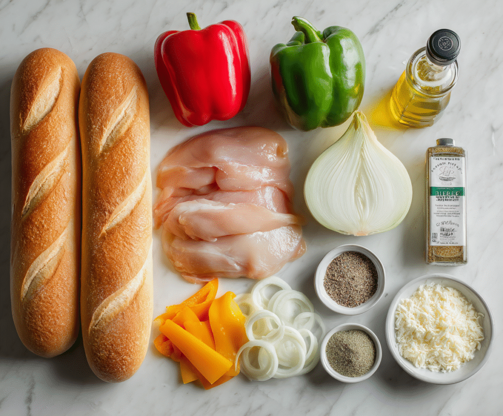 Chicken Philly Cheesesteak Sandwiches ingredients laid out including chicken, peppers, onions, cheese
