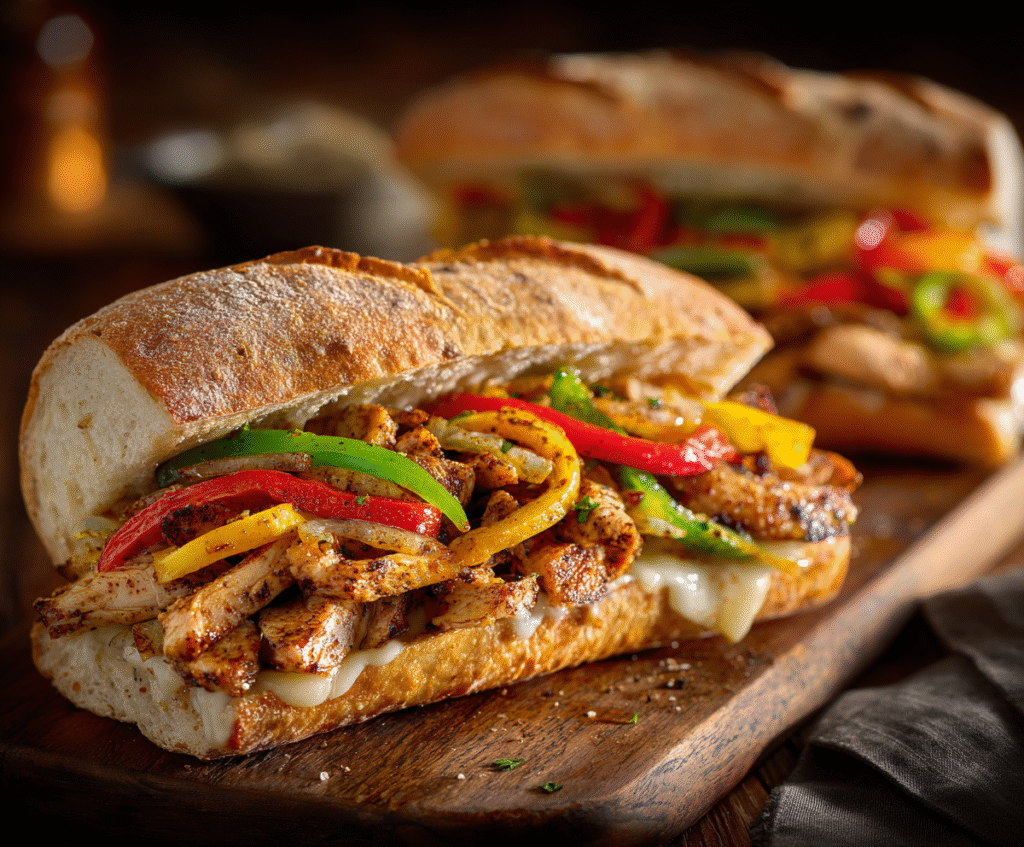 Finished Chicken Philly Cheesesteak Sandwiches served with french fries on white plate