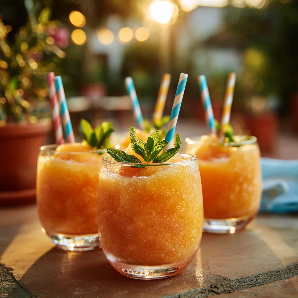Finished peach lemonade slush served in glasses for summer party