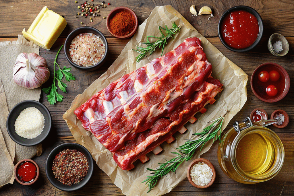 BBQ baby back ribs ingredients including raw ribs, dry rub spices, and essential cooking components