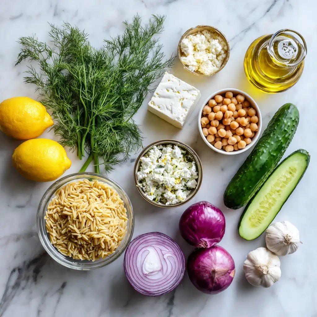 Dill orzo with chickpeas and crumbled feta recipe ingredients flat lay