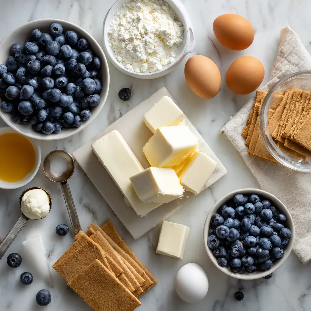 Blueberry cheesecake recipe ingredients laid out including cream cheese, fresh blueberries, and graham crackers