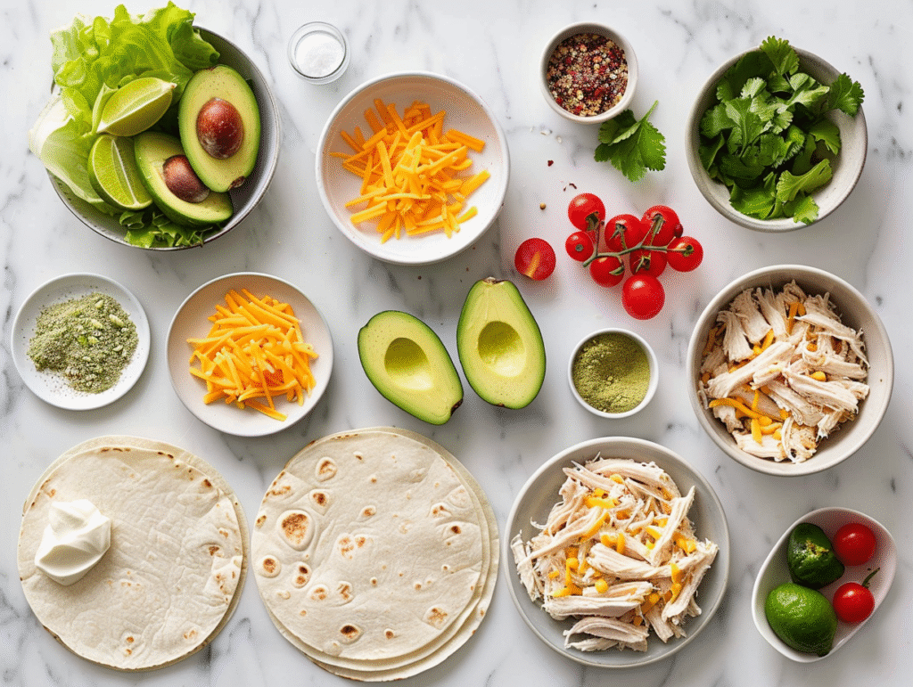Complete chicken avocado burrito ingredients arranged including tortillas, chicken, avocado, and fresh toppings