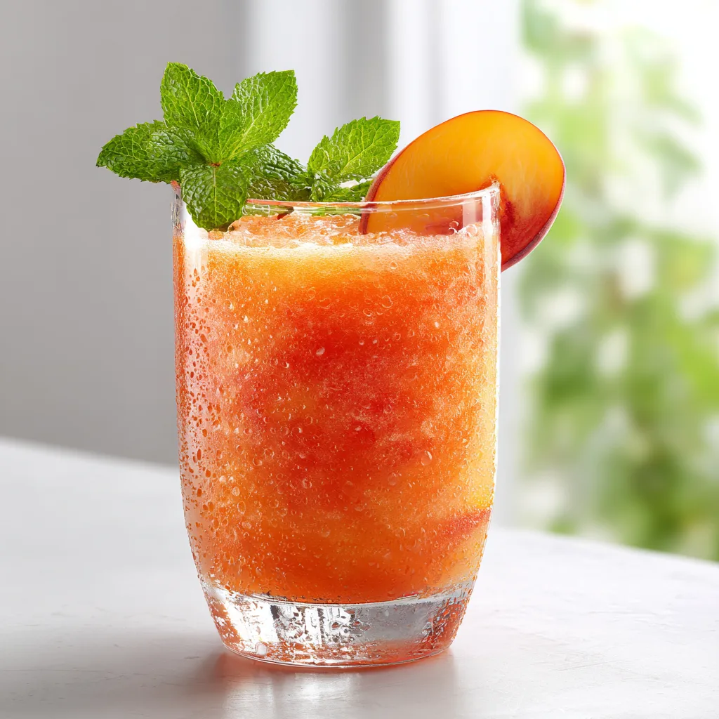 Refreshing peach lemonade slush in glass with mint garnish and peach slice