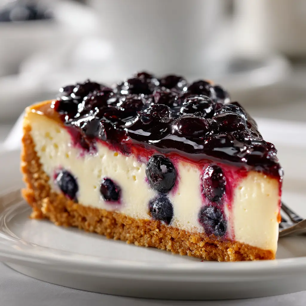 Perfect blueberry cheesecake slice showing creamy filling and fresh blueberry topping