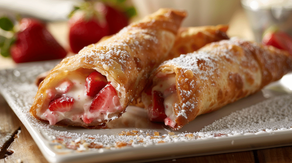 Strawberry Cheesecake Stuffed Eggrolls plated dessert with ice cream elegant presentation