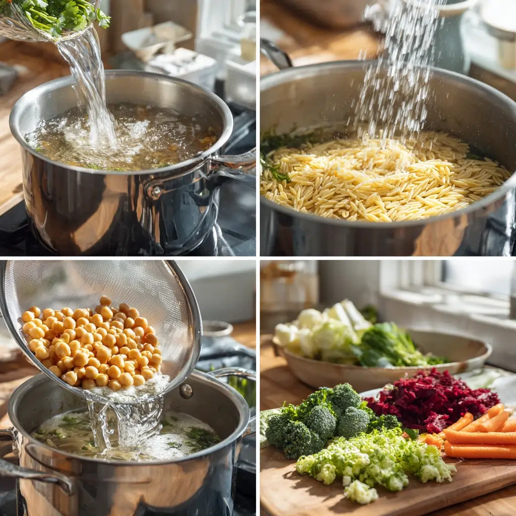 Dill orzo with chickpeas and crumbled feta cooking preparation steps