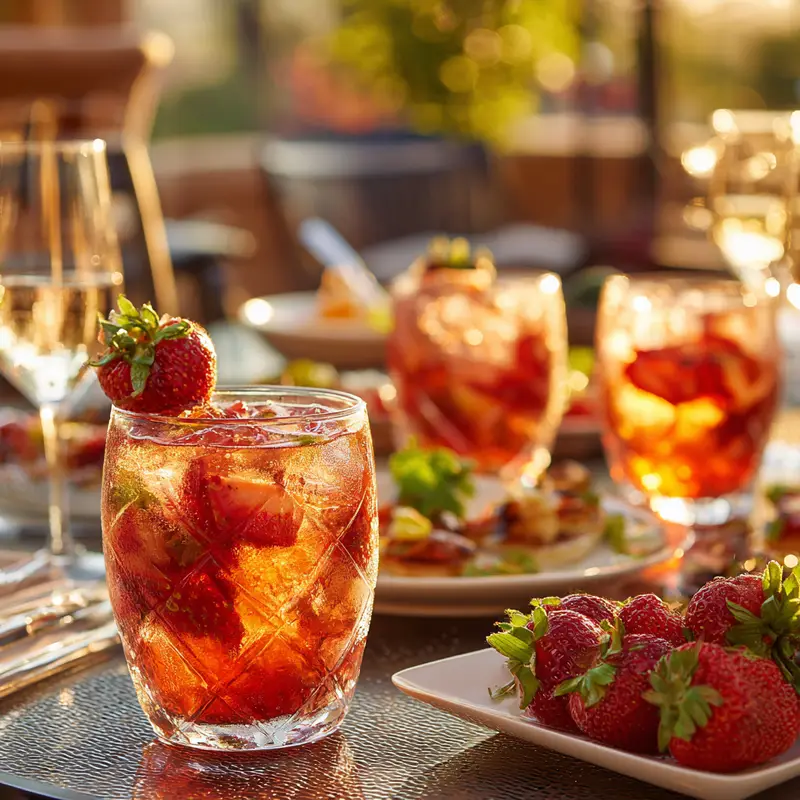 Strawberry dirty sprite recipe served at summer party with appetizers and garnishes