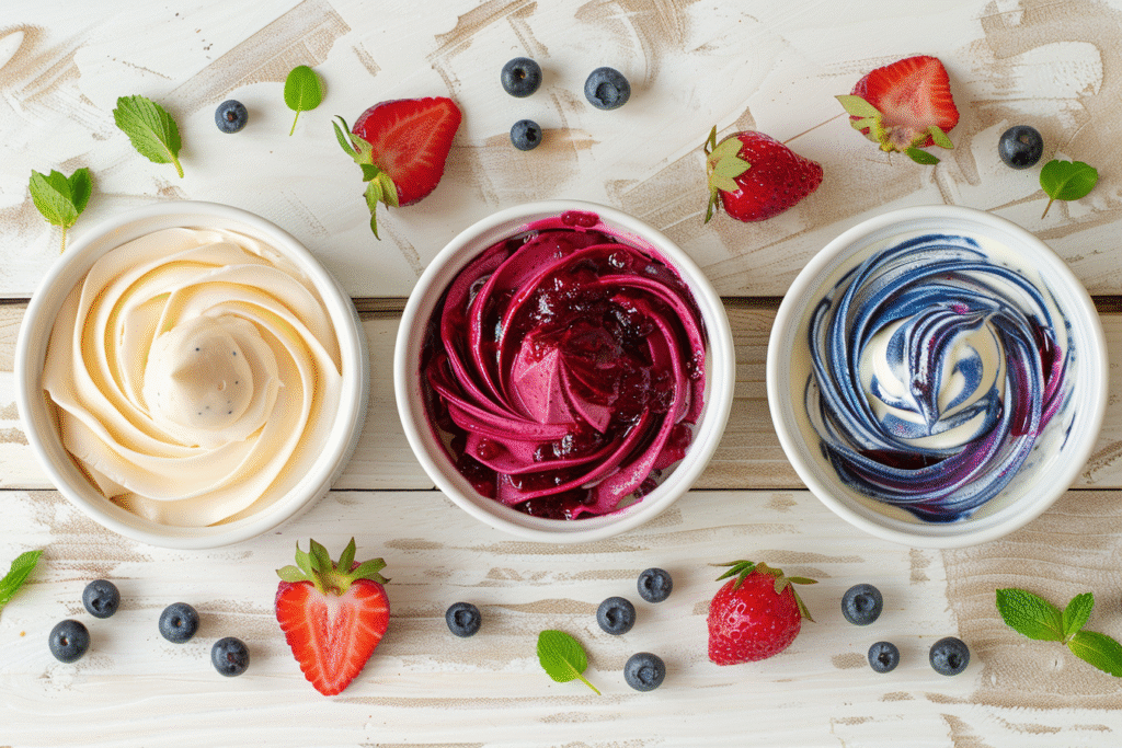 Three strawberry cheesecake dip variations with different berry preserve flavors"
