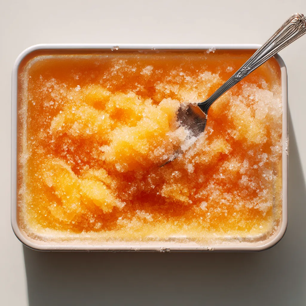 Peach lemonade slush mixture being scraped with fork during freezing process