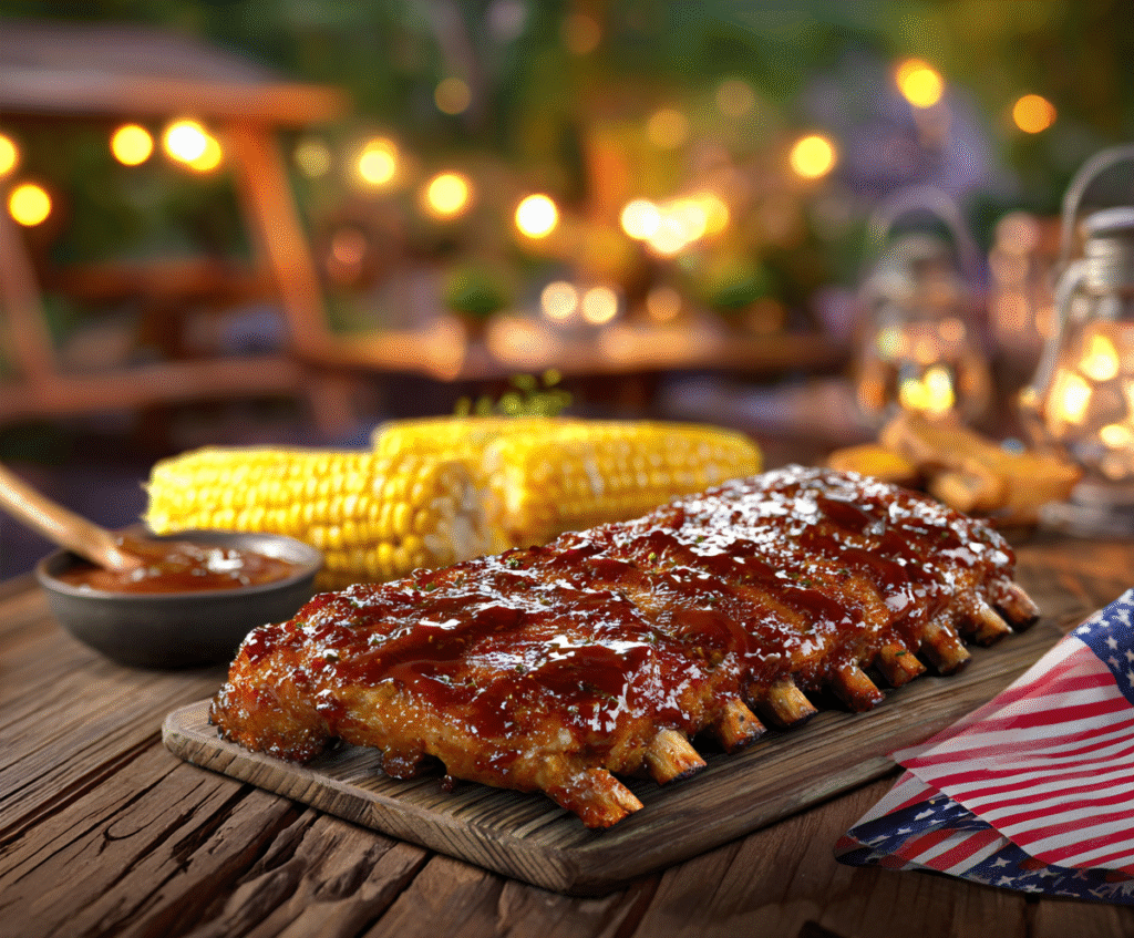 BBQ baby back ribs with meat falling off the bone, glazed with BBQ sauce on wooden cutting board