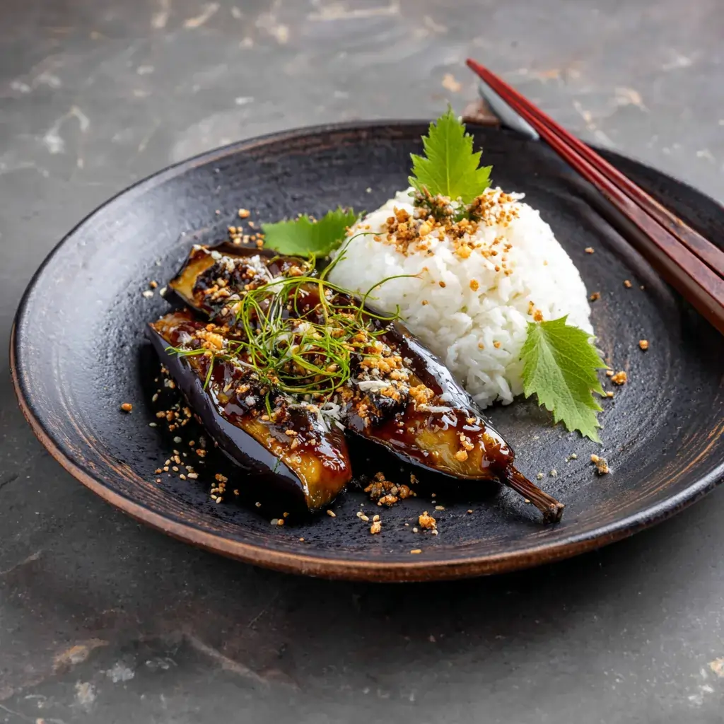 Beautifully plated miso glazed eggplant served with rice and traditional Japanese garnishes