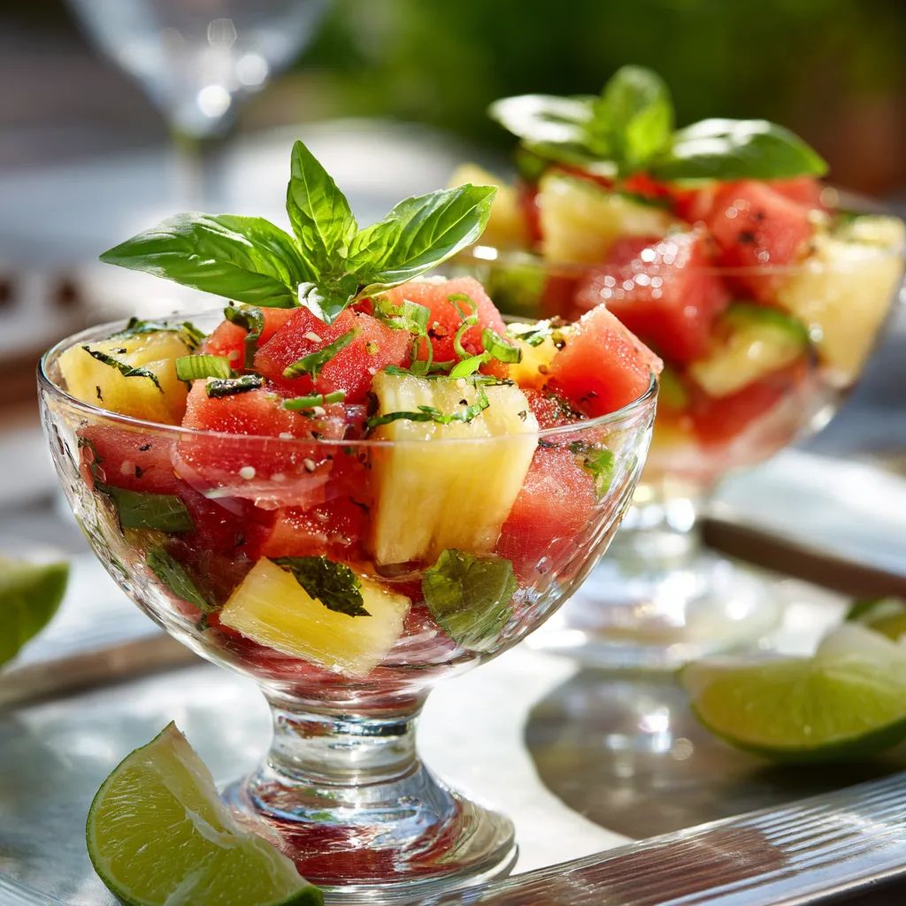 Individual servings of pineapple and watermelon salad in glass bowls with basil garnish