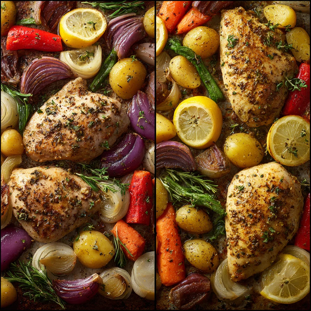 Before and after cooking shots of one-pan baked chicken recipe showing transformation
