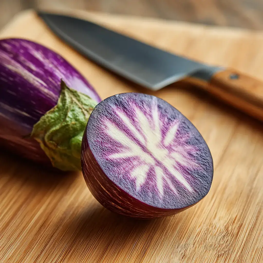 Properly scored Japanese eggplant showing crosshatch pattern for miso glazed eggplant recipe