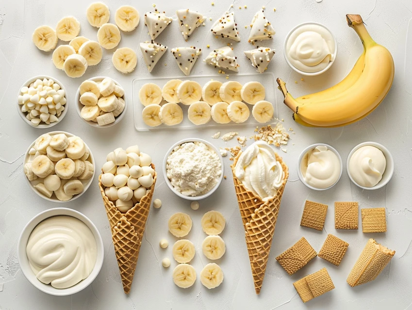 Complete ingredients layout for Banana Pudding Cheesecake Cones showing waffle cones, cream cheese, and vanilla wafers