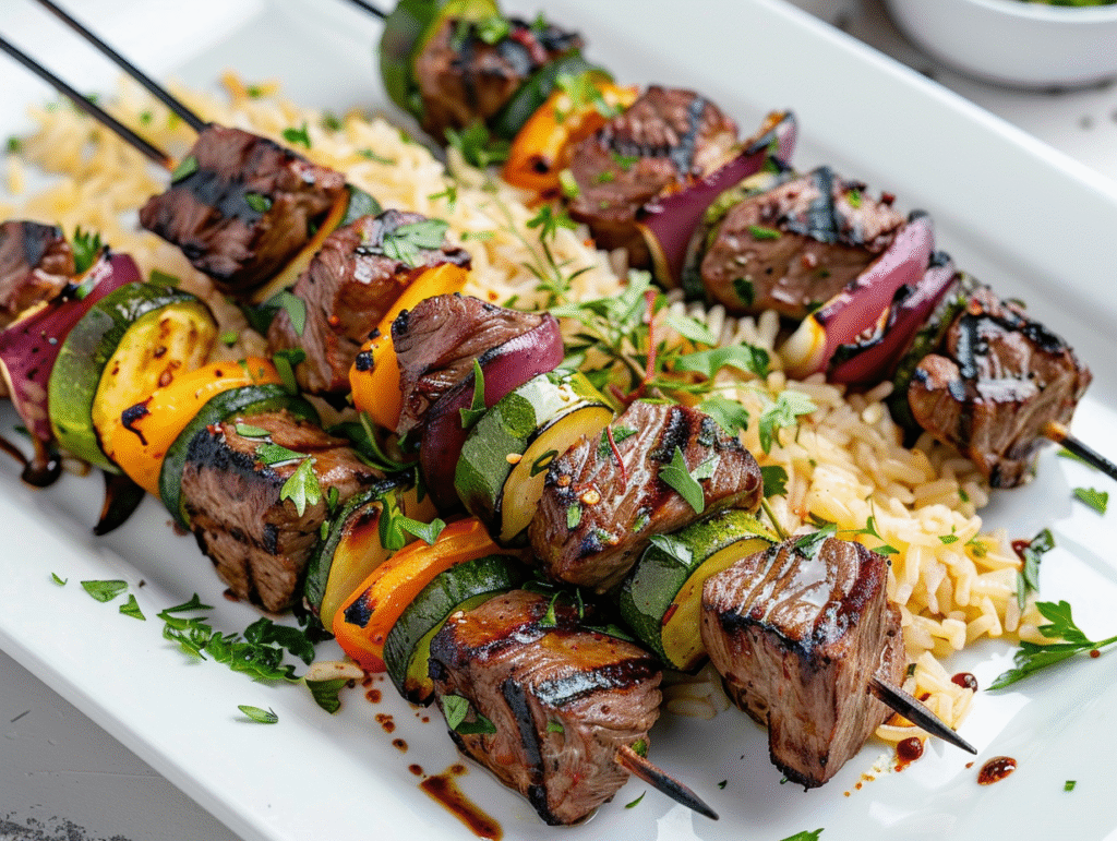 Plated grilled steak kabobs served with rice and vegetables on white ceramic plate